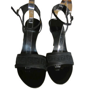 Fendi Black Zucchino FF Logo Leather High Heel Ankle Strap Sandals Size 41